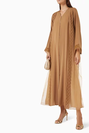 Lace & Bead Embellished Abaya in Nada & Tulle