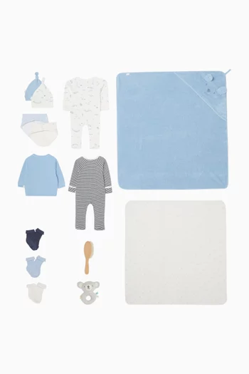B LS CARDIGAN, 2 X GROWSUIT, HOODED TOWEL, 2 X MUSLIN, 2 X KNOT HAT, SOCK, 2X BIBS, RATTLE, BRUSH SET:Blue:0-3M|219846500
