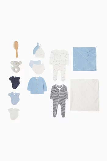 B LS CARDIGAN, 2 X GROWSUIT, HOODED TOWEL, 2 X MUSLIN, 2 X KNOT HAT, SOCK, 2X BIBS, RATTLE, BRUSH SET:Blue:0-3M|219846500