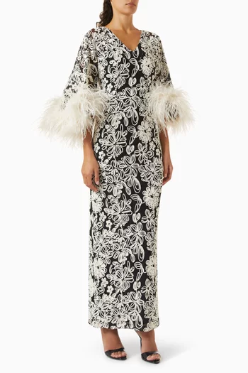 Feather-trim Embroidered Dress