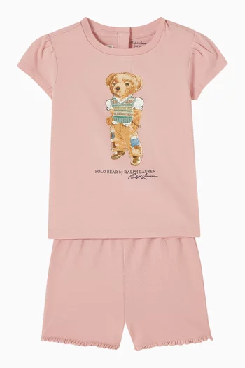 Bear Graphic T-Shirt & Shorts Set in Cotton