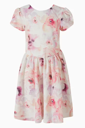 Floral Puff-sleeve Flared Dress