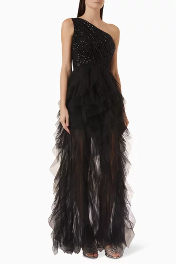 One-shoulder Ruffle Gown