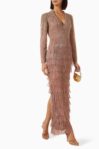 Beaded Fringed Gown in Mesh