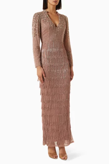 Beaded Fringed Gown in Mesh