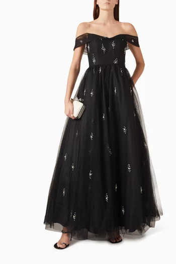 Pearl-embellished Off-shoulder Ball Gown