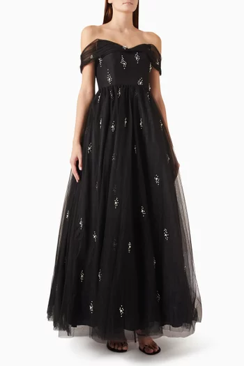 Pearl-embellished Off-shoulder Ball Gown
