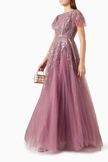 Embroidered Flutter-sleeve Ball Gown in Tulle