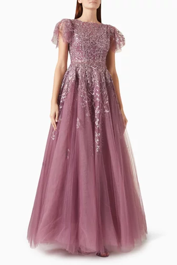 Embroidered Flutter-sleeve Ball Gown in Tulle