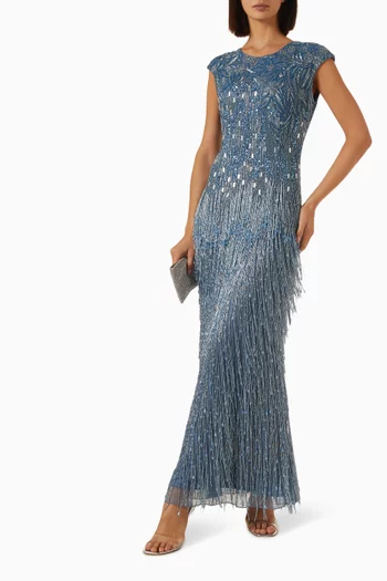 Cap-sleeve Beaded Gown in Mesh