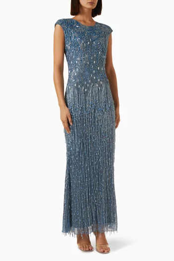 Cap-sleeve Beaded Gown in Mesh