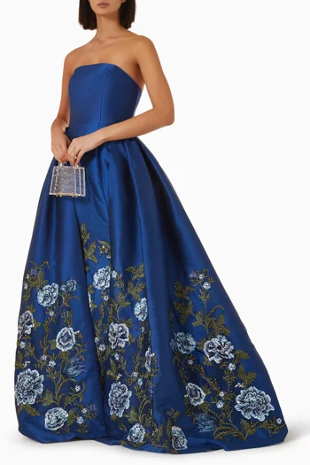 Floral-embroidered Gown in Satin
