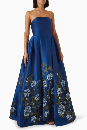 Floral-embroidered Gown in Satin