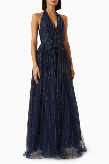 Beaded V-neck Gown in Mesh