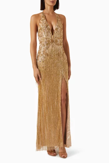 Halter-neck Fringed Beaded Gown in Mesh