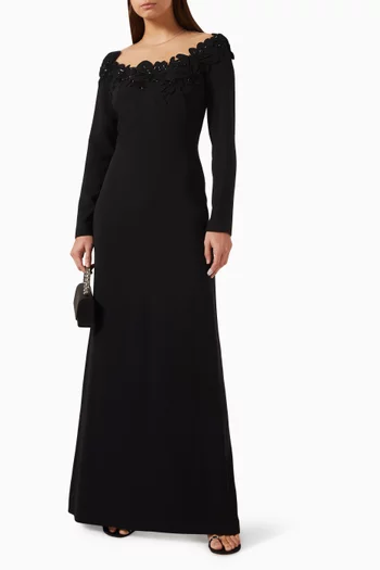 Zurina Floral-appliqué Illusion Gown