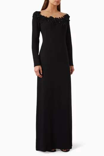 Zurina Floral-appliqué Illusion Gown