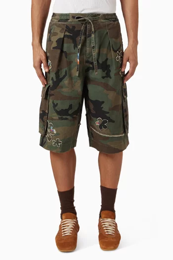 Floral Patch Crystal Camo Shorts in Cotton