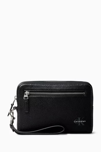 Pebbled Signature Logo Wrist Pouch in Faux Leather