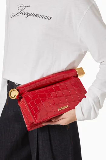 Medium La Pochette Rond Carré Clutch in Croc-embossed Leather