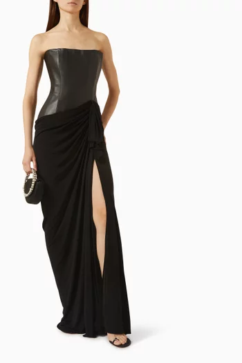Strapless Asymmetric Gown in Leather & Jersey