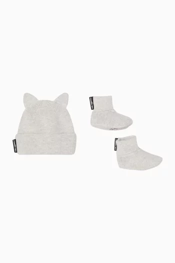 Logo Knit Beanie & Booties Set in Cotton