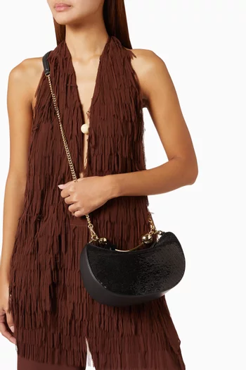 Crescent Moon Top-handle Bag in Sequin-embellished Leather