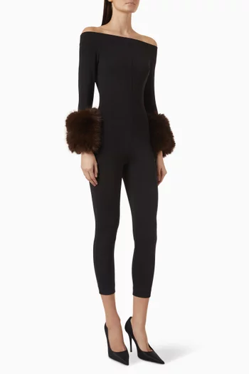 Amelia Faux Fur-trim Jumpsuit in Jersey