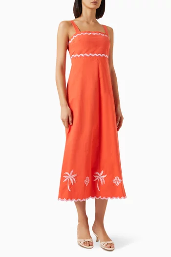 Amaya Embriodered Midi Dress in Cotton