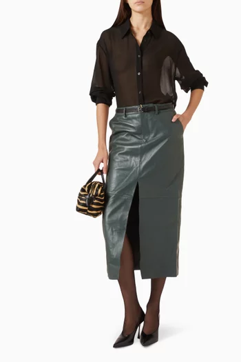 Maybelle Front Slit Midi Skirt in Faux Leather