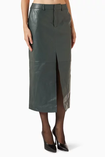 Maybelle Front Slit Midi Skirt in Faux Leather