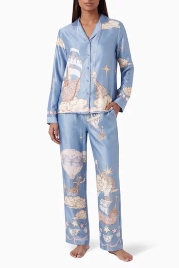 Giraffe Cloudhopper Print Long Pyjama Set in Satin