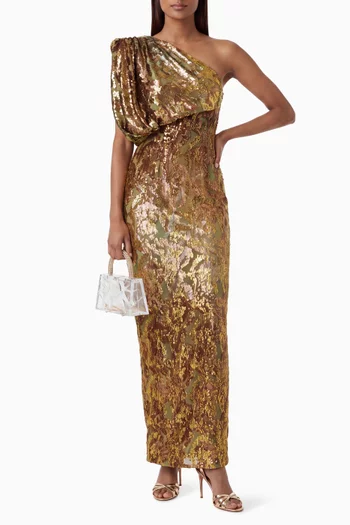 Eden One-shoulder Dress in Chiffon & Velvet-jacquard