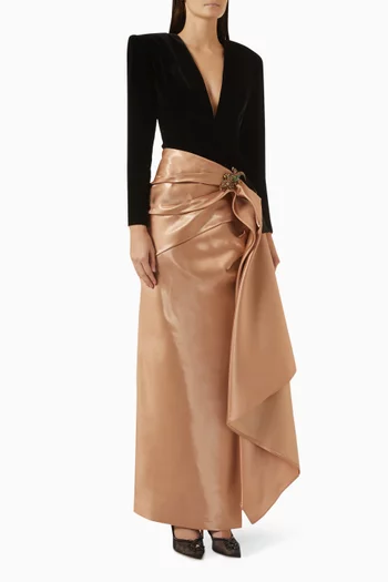 Blanchette Draped Dress in Velvet & Metallic Taffeta