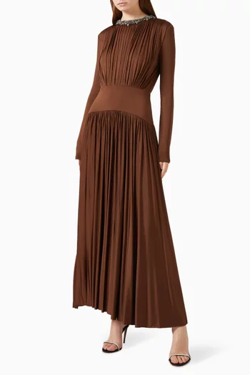 Embellished Neck Gathered Maxi Dress