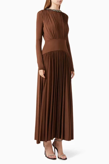 Embellished Neck Gathered Maxi Dress