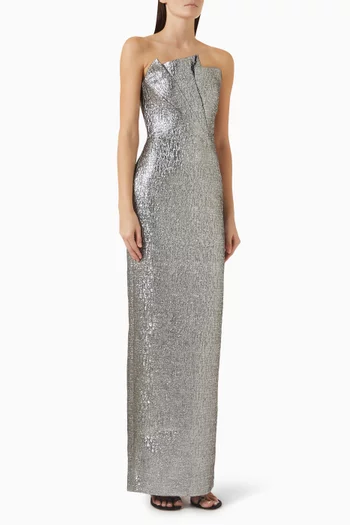 Pleated Strapless Jacquard Gown