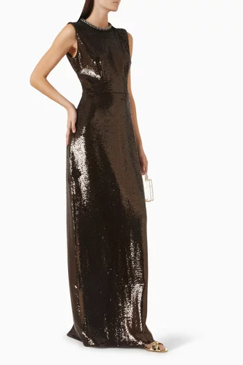 Embellished Neck Sequin Gown