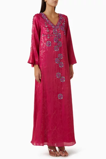 Floral-embellished Dress in Metallic Linen