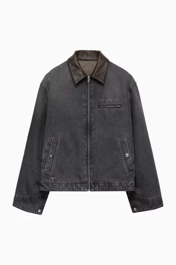 Leather-collar Blouson Jacket in Denim