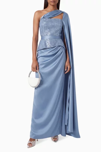 Embellished Peplum One-shoulder Gown