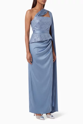 Embellished Peplum One-shoulder Gown