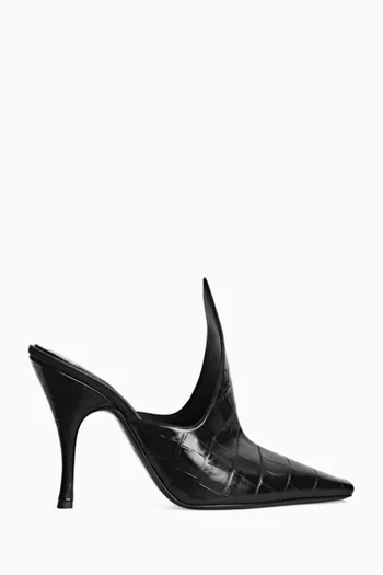MULES WITH SCULPTURAL SPIKE SHAPE UPPER AND HIGH 100MM STILETTO HEEL IN SHINY CROC EFFECT EMBOSSED CALFSKIN LEATHER:BLK:36|220077679
