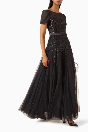Sequin Cascade Bow Gown in Tulle