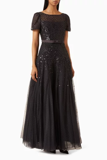Sequin Cascade Bow Gown in Tulle