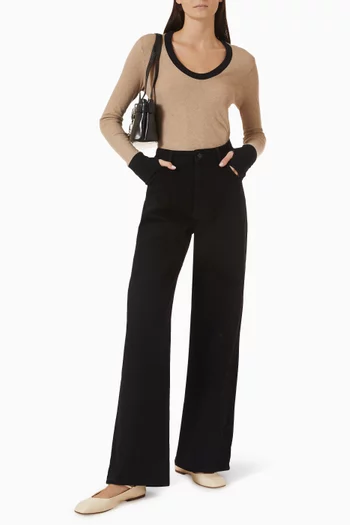 Contrast Cuffed U-neck Top in Cashmere-jersey