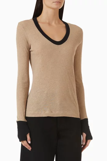 Contrast Cuffed U-neck Top in Cashmere-jersey