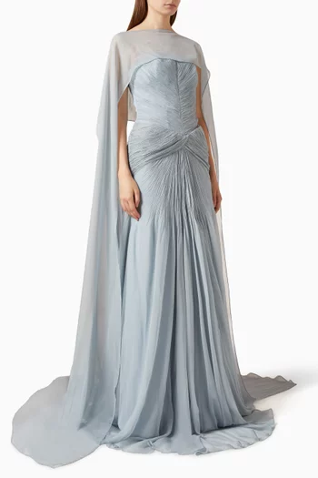 Pleated Strapless Gown & Cape Set