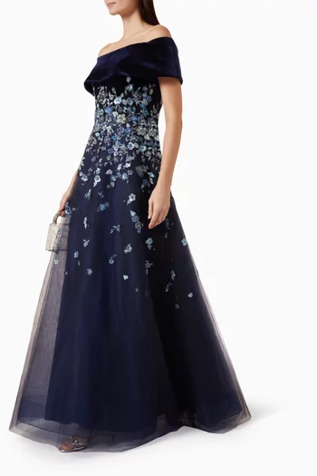 Floral Embroidered Gown in Tulle & Velvet