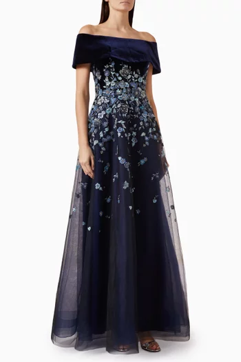 Floral Embroidered Gown in Tulle & Velvet